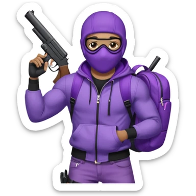 YN wearing a ski mask, holding a gun, purple jeans, Sprayground bookbag, confident stance sticker