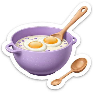 a lilac ceramic mixing bowl with a wooden spoon stirring and sitting next to it is a few eggs sticker