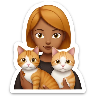 Straight short hair ear length in dark brown , skin tone honey . holding one ginger cat and one yellow white cat same size  sticker