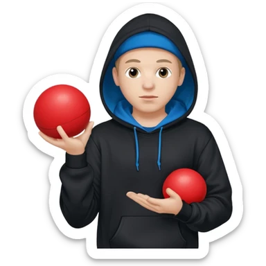 white rapper in a hoodie holding a blue ball in left hand and a red ball in right hand sticker