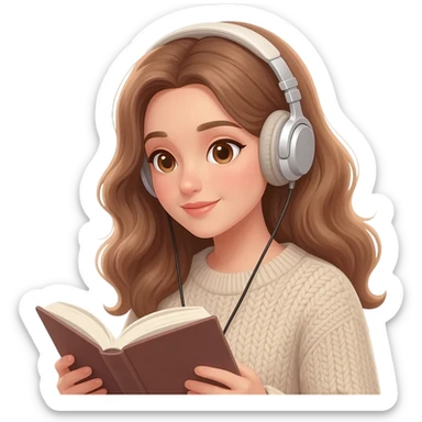 emoji a woman with long light brown wavy hair and light brown eyes reading a book, wearing headphones sticker