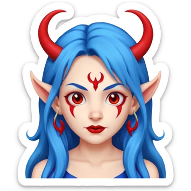 Female devil with long blue hair and horns,  cute face, half body sticker