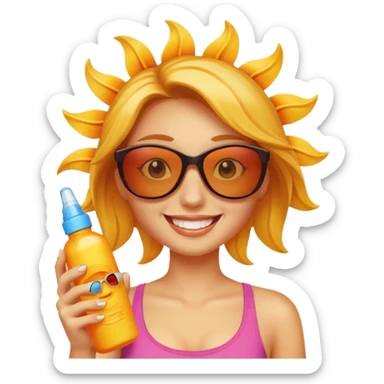 female with suncream bottle and sunglasses, with sun burned sticker