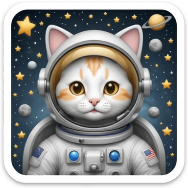 astronaut cat emoji, highly detailed, looks too good, fond of space and astronomy, wearing a space suit, floating among stars, expressive and charming sticker