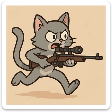 cartoonish small grey cat with a sniper rifle, dynamic action pose sticker