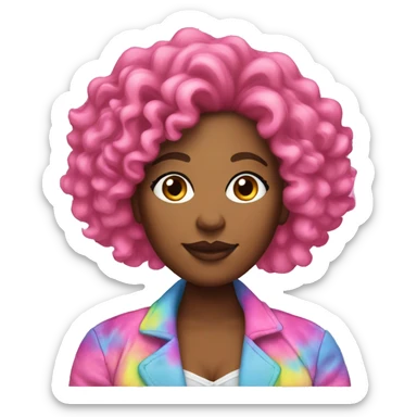Plus size black woman with pink curly hair and a tie dye jacket  sticker
