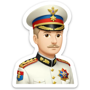 Russian military general in formal uniform with medals and epaulettes, turned slightly to the left, military hat, profile view sticker