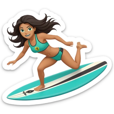 rk female surfer riding big turquoise wave, muscular green body, fierce tusked grin, sporty bikini top and board shorts, long windswept dark hair, focused eyes, surfboard under feet, minimal ocean and sky background, centered emoji, vibrant summer colors, sticker style sticker