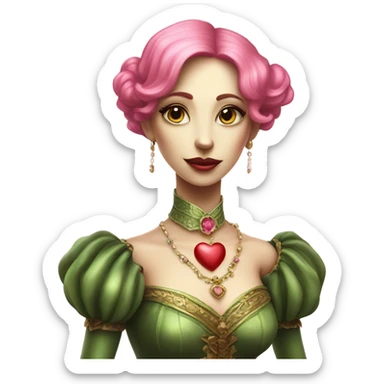 a green amazon alien woman in Victorian white gold, pink hair full body,holdig red big hearth sticker