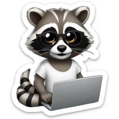 racoon wearing square glasses and white tee working on a black laptop sticker