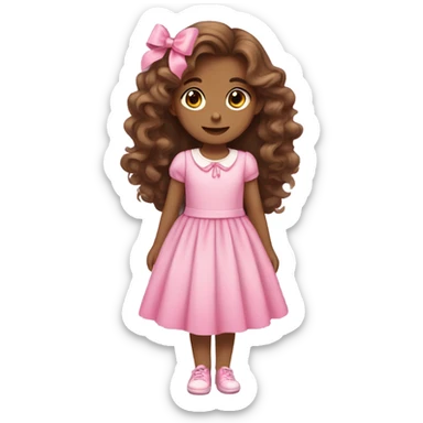 a girl with long brown wavy hair with pink bows, a cute dress, and nice shoes  sticker