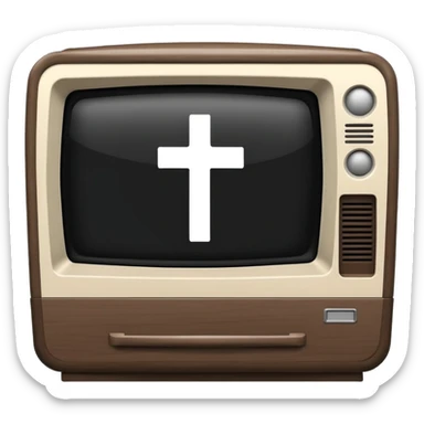Minimalist emoji-style sticker of a CRT TV in the shape of a coffin, with a cross or static noise on the screen. Desaturated design.  sticker