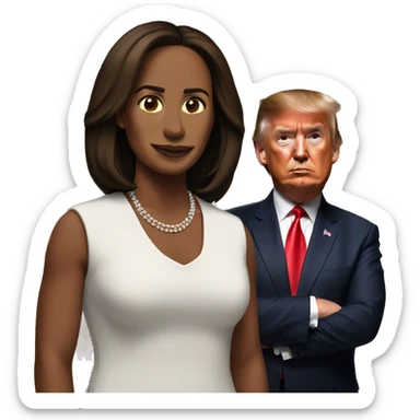 trump standing behind kamala  sticker