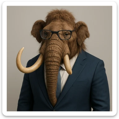 mamut con saco azul y gafas, estilo corporativo, fondo neutro sticker