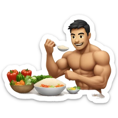 muscular man eating rice, meat and vegetables sticker