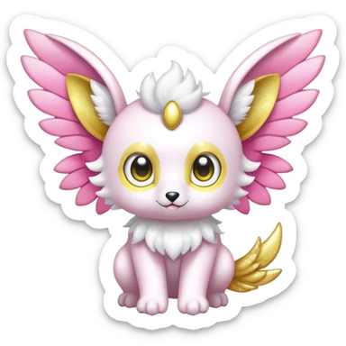 Shiny epic glittery divine white yellow pink animal-fakemon-creature with head-ear-wings, cute, adorable, big eyes sticker