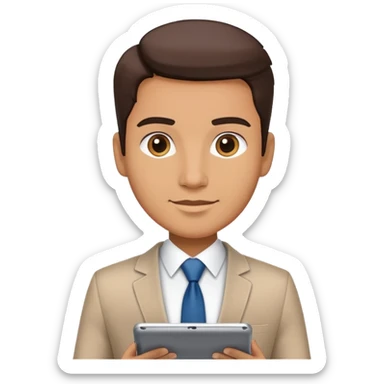 business executive confidently, holding a digital tablet or folder. The character wears smart business attire sticker