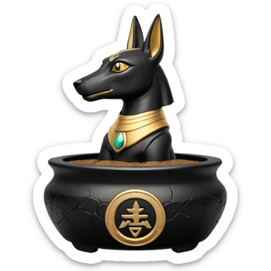 Shallow-height black Anubis branded  cracked bonsai pot  sticker