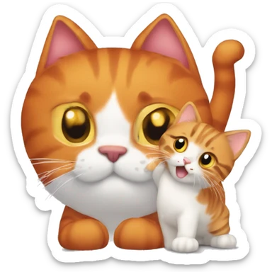 A big red cat playing with a tricolour kitty sticker