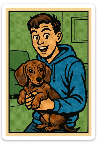 A modern day teenager wearing a blue hoodie with a puppy dachshund in a green living room sticker