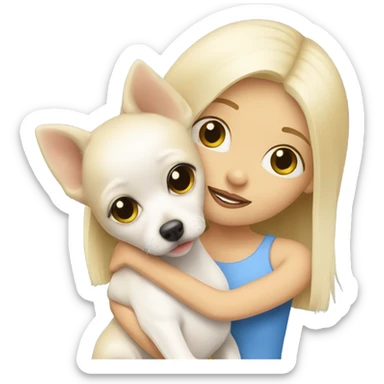 A blonde girl hugging a white chihuahua  sticker