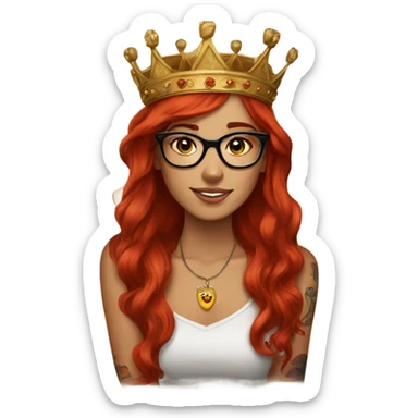 Beautiful girl, long red hair, tattoos, glasses and a crown sticker