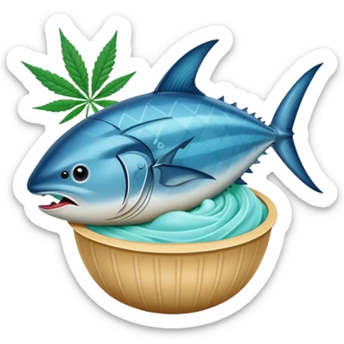 bluefin tuna in a gelato with cannabis leaf sticker