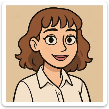 cartoonish AI avatar of a 22-year-old woman, brown eyes, light brown shoulder-length hair that is slightly curly with bangs, light makeup, wearing a white dress shirt sticker