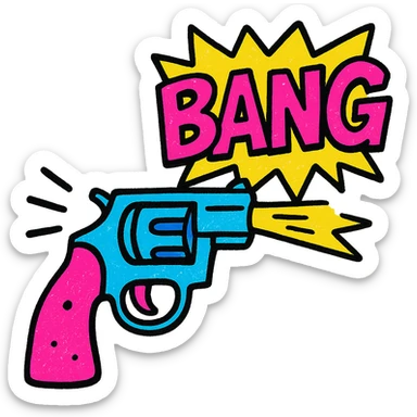 cartoon-style revolver firing with comic-style 'BANG' text popping out from the barrel instead of a bullet, pop colors style, bright colors, exaggerated motion lines sticker