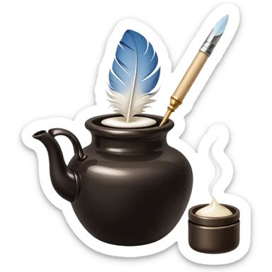 vintage ink pot with a soft white feather quill dipped inside, small, elegant, glossy, white or cream ink pot, black background, minimalistic, polished, emoji style sticker