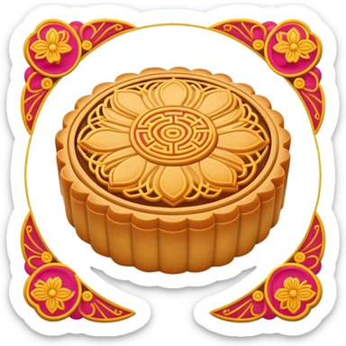 Mid-Autumn Festival mooncake with decorative pattern on top, simplified emoji style with bold outlines and bright colors, cartoon style round pastry with filling sticker
