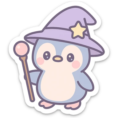 cute penguin wizard wearing a magical hat and holding a staff, fantasy style sticker