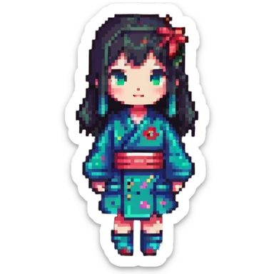 Japanese girl, pixel art style, simple features, cute pose sticker