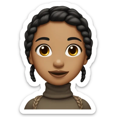 girl mixed skin tan has black and brown braids and medium size lips smiling and brown eyes and a black turtle neck holding up a peace sign sticker