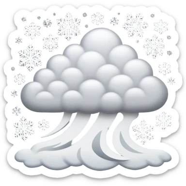 A powerful blizzard emoji icon: storm cloud with heavy swirling snow, strong wind lines, flying snowflakes, dynamic motion. White and gray tones, 2D emoji style, bold but simple shapes. sticker