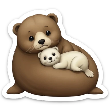 tiny white seal laying on a big brown bear’s belly sticker