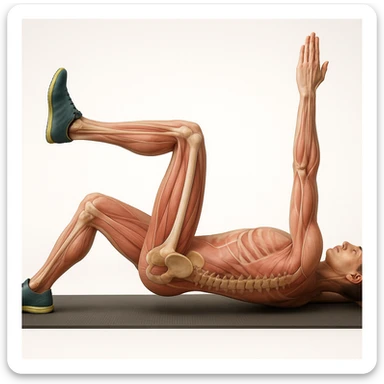 Anatomically hyperrealistic 4K side view of a man in dead bug position with the arm on the ground fully extended above the head, straight, showing pelvis and spine bones, translucent muscles and skin, medical atmosphere, realistic anatomical details. Variant 2, slightly change the position of the legs. sticker