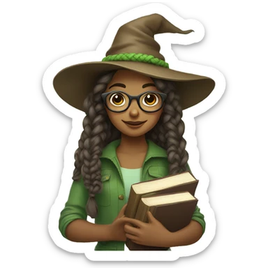 A girl with a braided hairstyle, wearing a brown witch's hat and round glasses. She is holding books in her hands. Her hair is in light green shades sticker