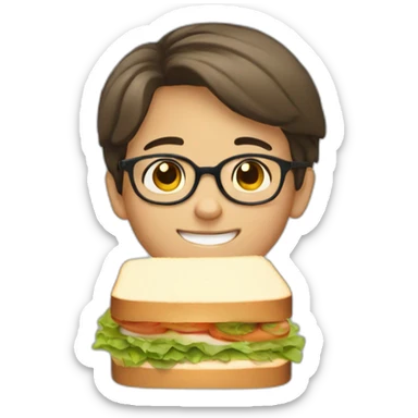 A 12-year-old boy with short brown hair and glasses eats a sandwich sticker
