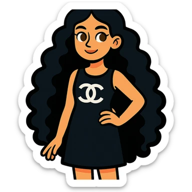 light skin girl with black very long curly hair, brown eyes, black Chanel dress, vibrant toon style sticker