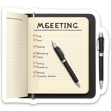 A classic black Moleskine notebook open to show an agenda page with meeting items and bullet points sticker