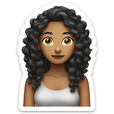 Tan girl with black long curly hair posing with hand in hair sticker