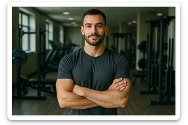 uomo sicuro di sè a braccia conserte, ben allenato e sereno, sullo sfondo una palestra sticker