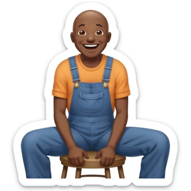 Laughing Old bald black man sitting on stool wearing overalls sticker