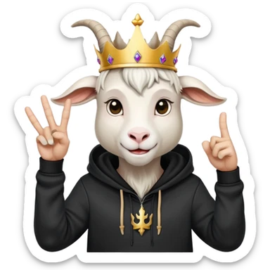 White Goat with horns and bread wearing black hoodie and a royal crown do the peace sign sticker