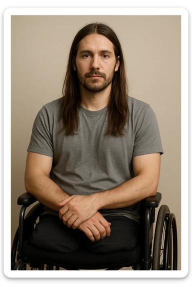 a clear and respectful depiction of a torso of a man with long hair, no legs, sitting in a wheelchair sticker