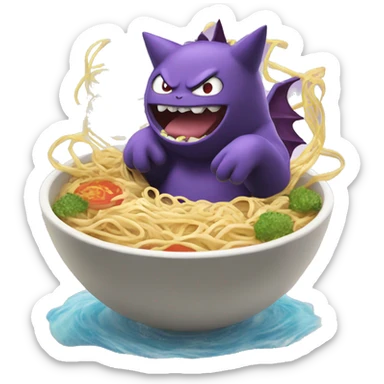 Pokémon character Gengar eating ramen noodles while floating  sticker