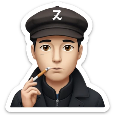 Retro 1920s man emoji: dark coat, flat cap, cigarette in mouth, face partly shadowed by cap. Moody industrial background. Add small "卍" symbol above head in Eastern philosophical style. sticker