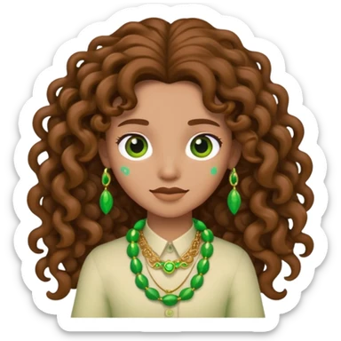 cartoon character with long brown curly hair and green accessories sticker