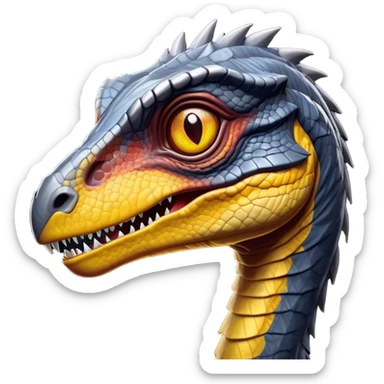 Cinematic Noble jurassic park Velociraptor Portrait Emoji, Poised and menacing, with a sleek, muscular build clad in dark, scaly skin reminiscent of jurassic park Park’s iconic raptor, a sharply curved snout and piercing, intelligent eyes that exude predatory cunning, Simplified yet boldly defined features, highly detailed, glowing with a cool, ominous radiance, high shine, intelligent and relentless, stylized with an air of cinematic prehistoric authority, focused and alert, soft glowing outline, capturing the essence of a watchful and confident jurassic park Velociraptor that appears ready to dash out of the screen with effortless power! sticker
